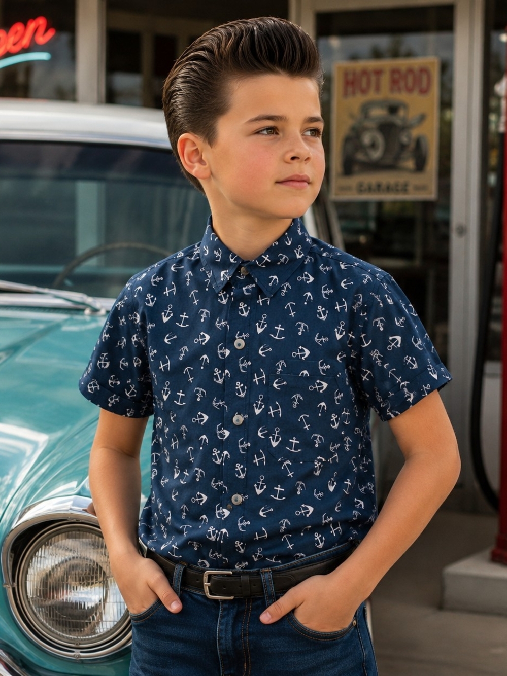 Boys' Navy Anchor-Print Short Sleeve Button-Down Shirt